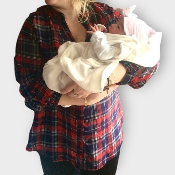 Red Navy Plaid V-Neck Blouse | Xhilaration Size XL | Fall Holidays Sheer - Picture 9 of 9